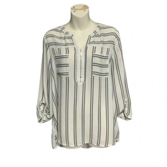 Maurices Tops - Maurice’s cream/black quarter zip blouse roll tab sleeves semi sheer size L